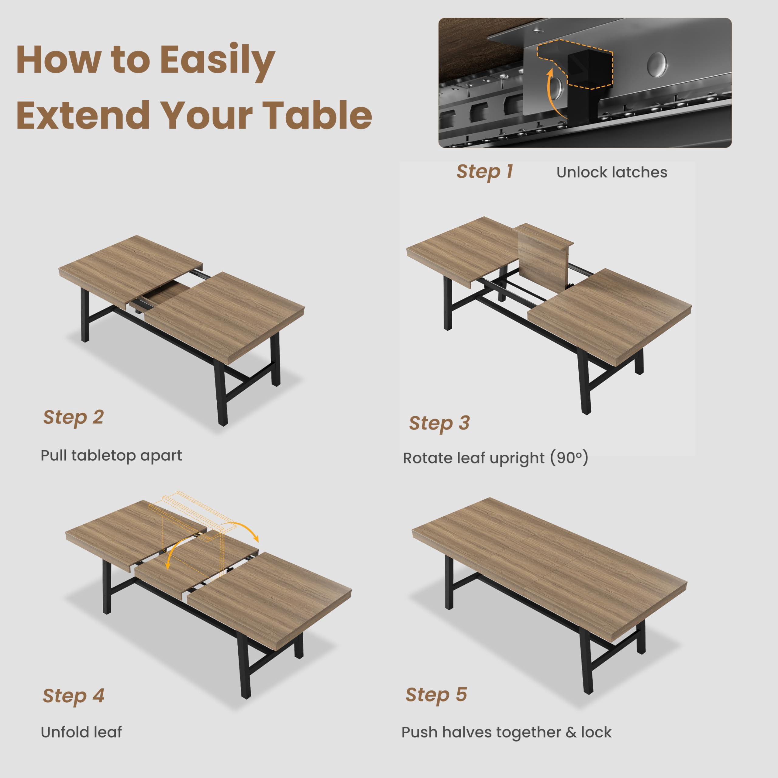 63"-83" Extendable Industrial Dining Table - Seats 6-8 - Expandable Rectangular Kitchen Table with Metal Frame for Parties-Rustic Pear