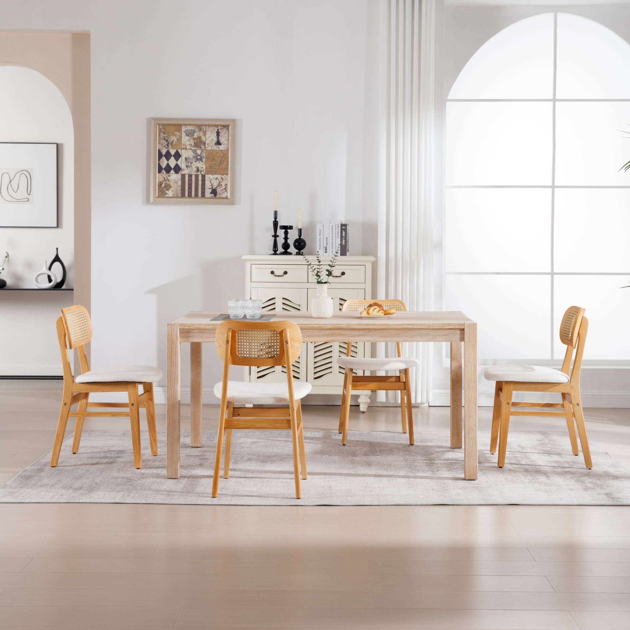 Guyou Rattan Dining Chairs Set of 4, Farmhouse Natural Wooden Dining Side Chairs, Mid Century Modern Linen Upholstered Kitchen Chairs with Cane Back for Dining Room Kitchen Living Room, Beige