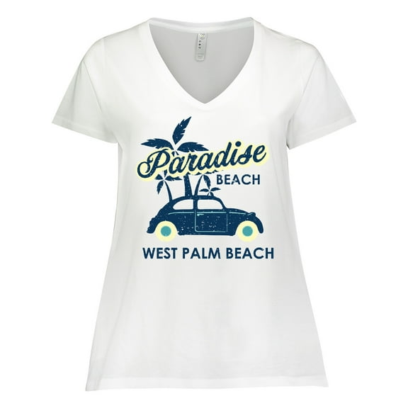 Inktastic Paradise Beach in West Palm Beach with Palm Trees and Car Women's Plus Size V-Neck T-Shirt