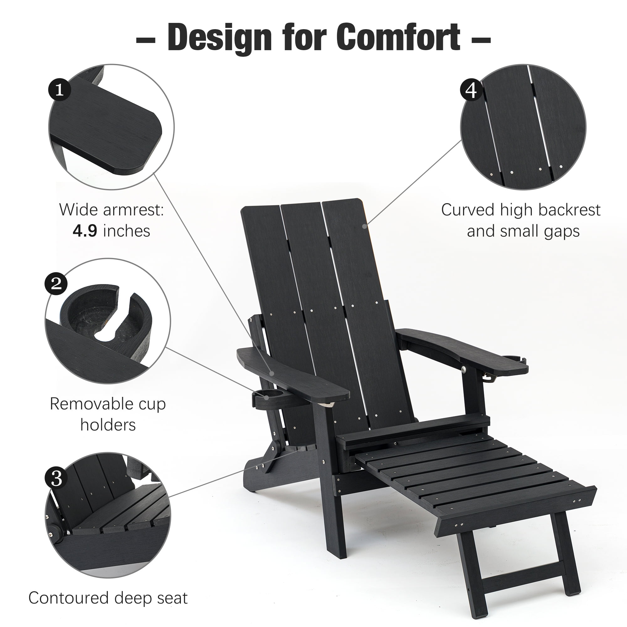 Innovaze Folding Adirondack Chair with Ottoman, 700LBS Heavy Duty Poly Lumber Outdoor Chair, Adjustable Back, Cup Holders, All Weather HIPS Patio Chair for Porch, Backyard, Pool (Black)