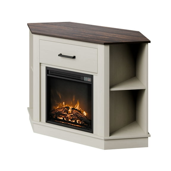 KFFKFF Farmhouse Fireplace TV Stand with Electric Heater, Entertainment Center for TVs up to 50 Inches, Includes 18-Inch Fireplace, LED Lighting, Storage Drawers, and Cabinets