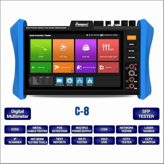 FIBERSHOT Multi-Function C-8 Pro OTDR Tester – Fiber, CCTV & Network Testing with RJ45 TDR, Dual GbE, SFP, and PoE   in a One Handheld Device