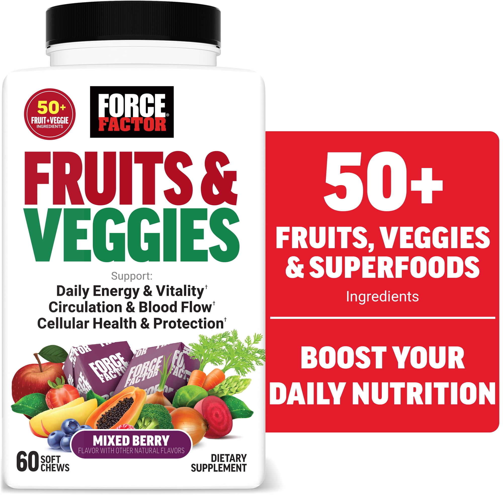 Force Factor Fruits & Veggies Superfood Antioxidant Supplement, 50+ Ingredients, Mixed Berry, 60 Soft Chews