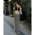 thumbnail image 5 of Crochet Skirt Sets Women 2 Piece Outfits Knit Striped Hollow Out Short Sleeve V Neck Drawstring Top Maxi Skirts Set, 5 of 5