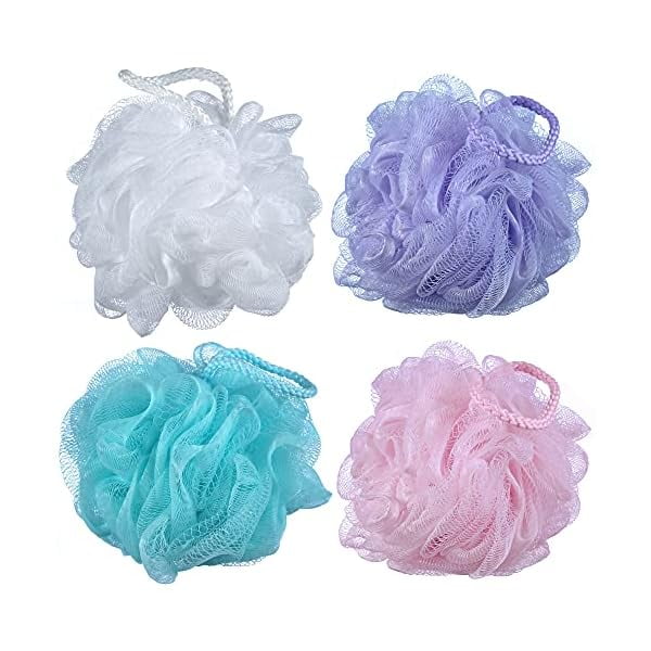 wonima11 60g/pcs Multi-Color Mesh Bath Sponge Shower Pouf Loofahs Shower Puff Pack of 4 (White,Pink,Purple and Blue)