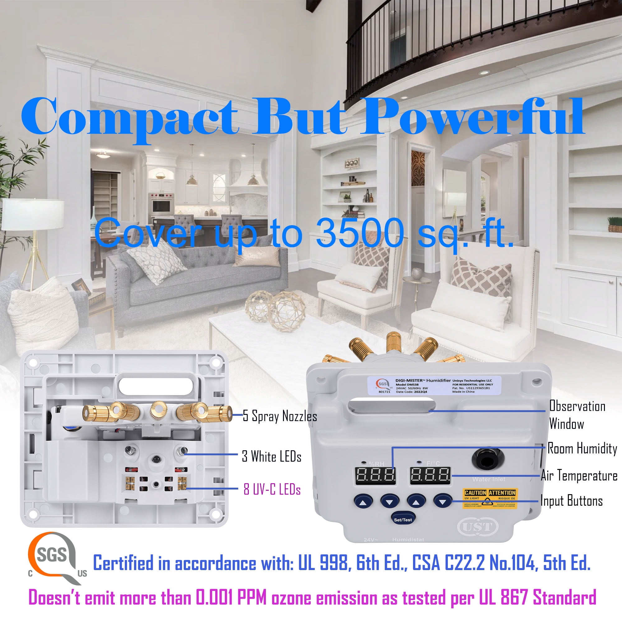 DIGI MISTER Evaporative Duct Mount Whole House Furnace Humidifier with 8 UV-C LEDs, Atomizing Cool Mist Variable Capacities for Homes and Offices from 1000 to 3500 sq. ft.