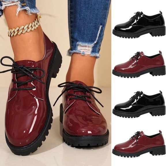 Miqool Women's Patent Leather Lace Up Oxfords Round Toe Thick Lug Sole Low Block Heels Business Office Dress Shoes
