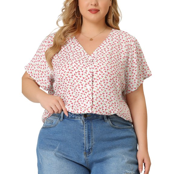 Unique Bargains Women's Plus Size V Neck Single Breasted Short Sleeve Floral Tops 1X White