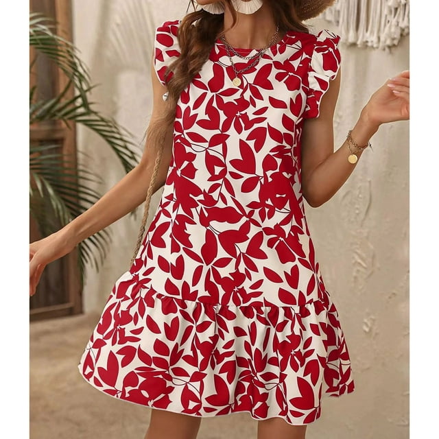 Baikeli Liquidation Robes pour Femmes Dames Été Mode Col Rond Manches Volantées Robe Plissée Imprimée Robe de Fête d'Été