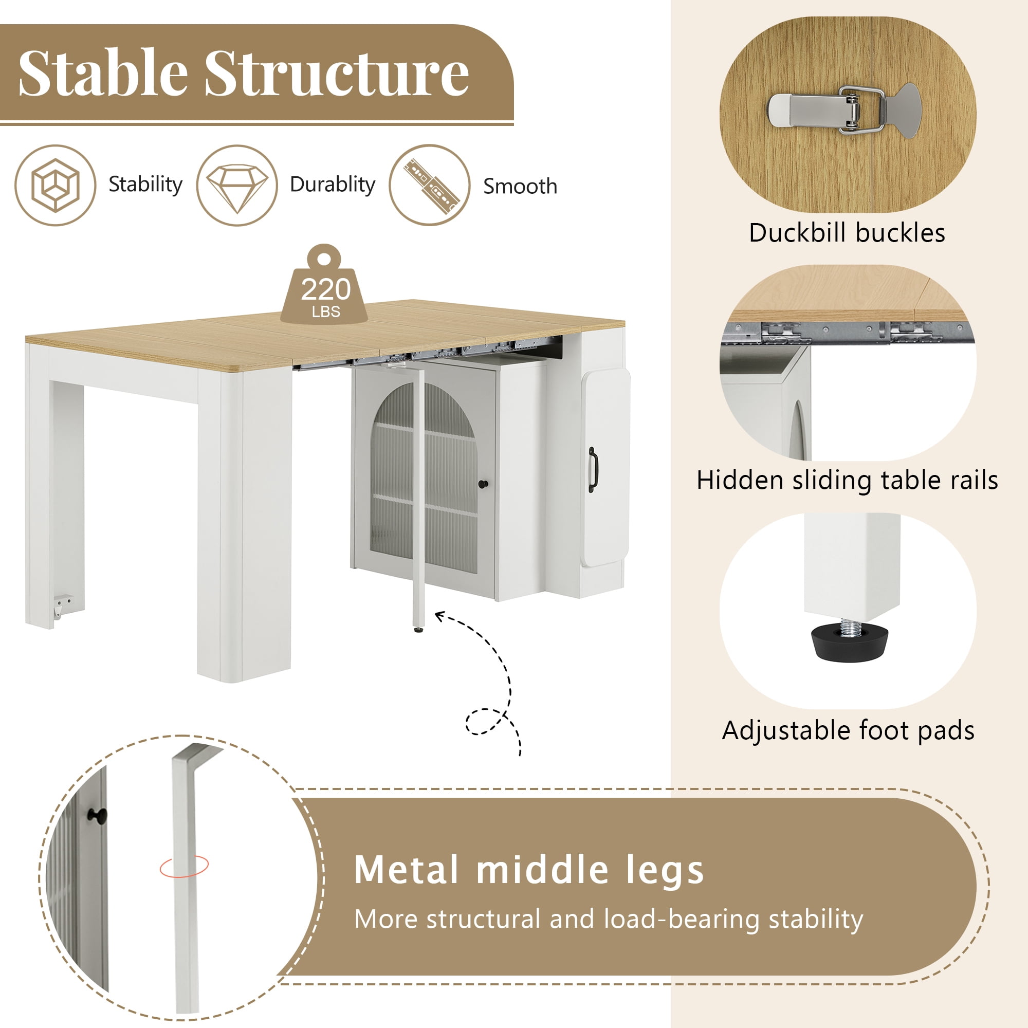 Euroco Extendable Dining Table with 3 Removable Middle Leaves for 4,Mobile Rolling Kitchen Table with Power Outlet and Side Storage Cabinet for Small Space,White
