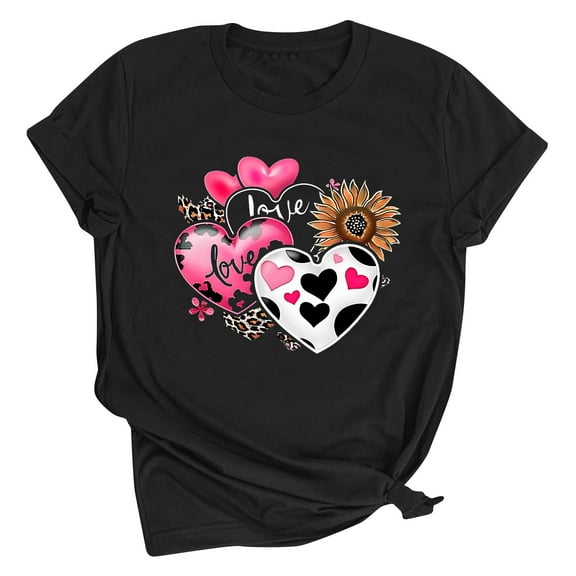 Riecok Womens Summer Tops valentines day shirts Crewneck Heart T Shirt for Women Short Sleeve Fashion Casual Comfy Novelty Graphic Tops Black L