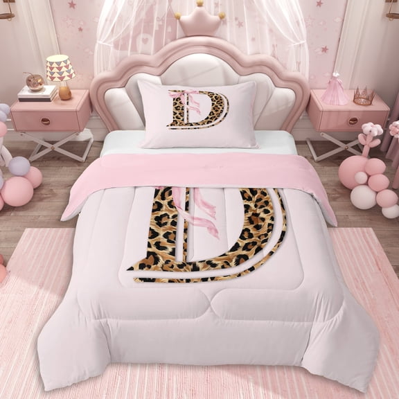 Erosebridal Letter D Monogrammed Girl Twin Comforter Sets 3-Piece,Brown Leopard Print Pink Bow Bedding Set For Teens,Pink Reversible,Breathable Home Decor