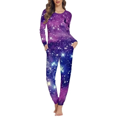 

Renyoinou Cozy Pajamas for Women Long Sleeve Round Neck Long Sleeve Tee Shining Stars Print Sweatpants Winter Sleep Shirts Size L