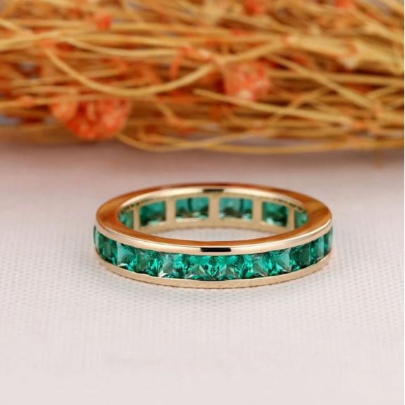 Emerald Wedding Band Full Eternity Matching Stacking Promise Ring 925 Sterling Silver Yellow Gold Plated Gemstone Jewelry For Women Gift