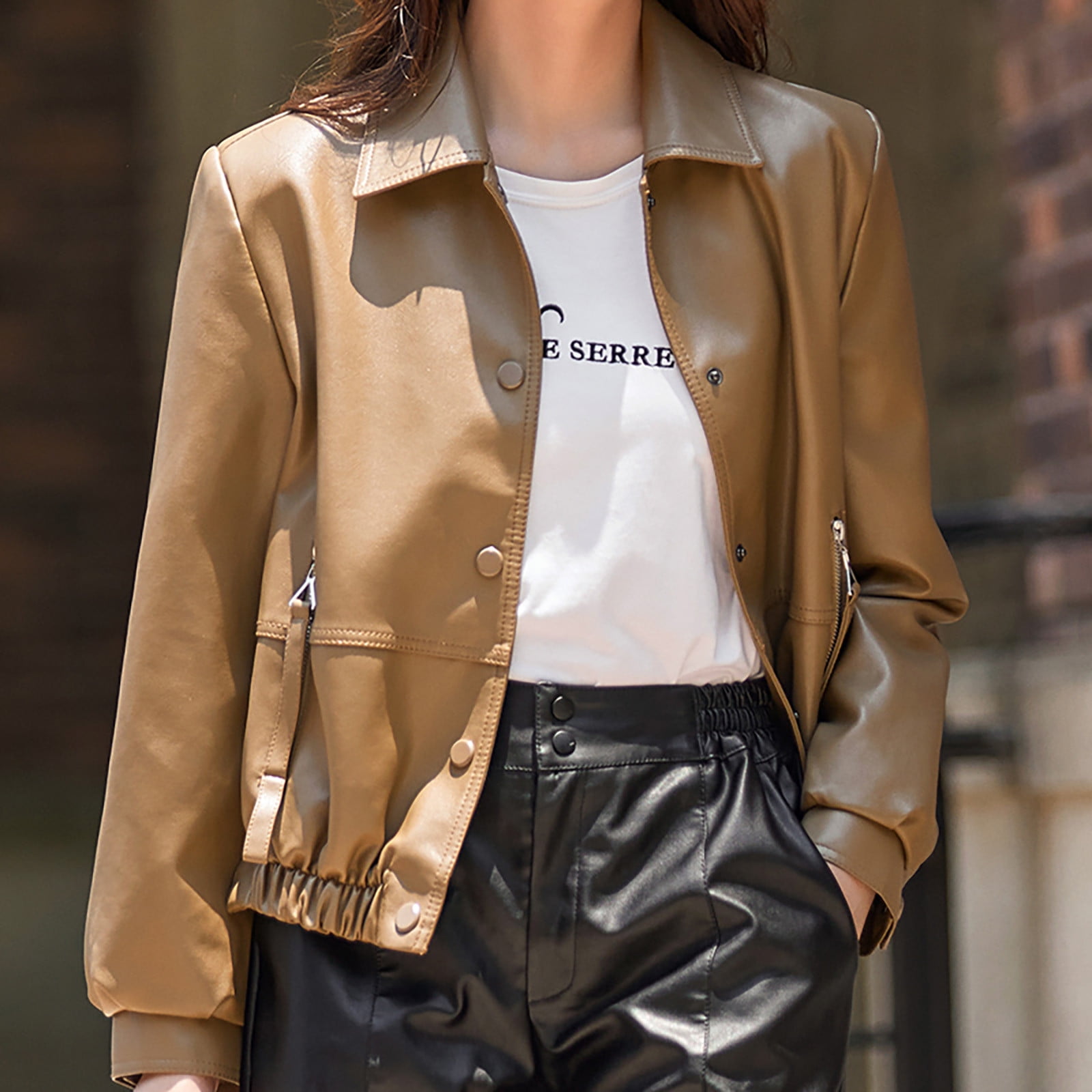 Cropped Faux Leather Jacket for Women Button Down Cool Motorcycle Short Jacket Long Sleeve Casual Crop Outwear (Large, Khaki)