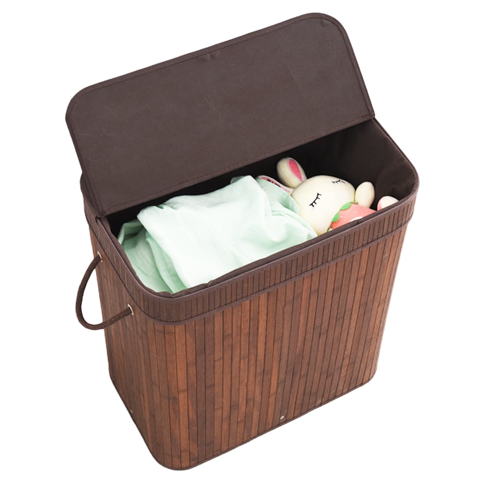 100L Bamboo Laundry Basket w/ Split Compartment Lid Removable Lining Handles 
