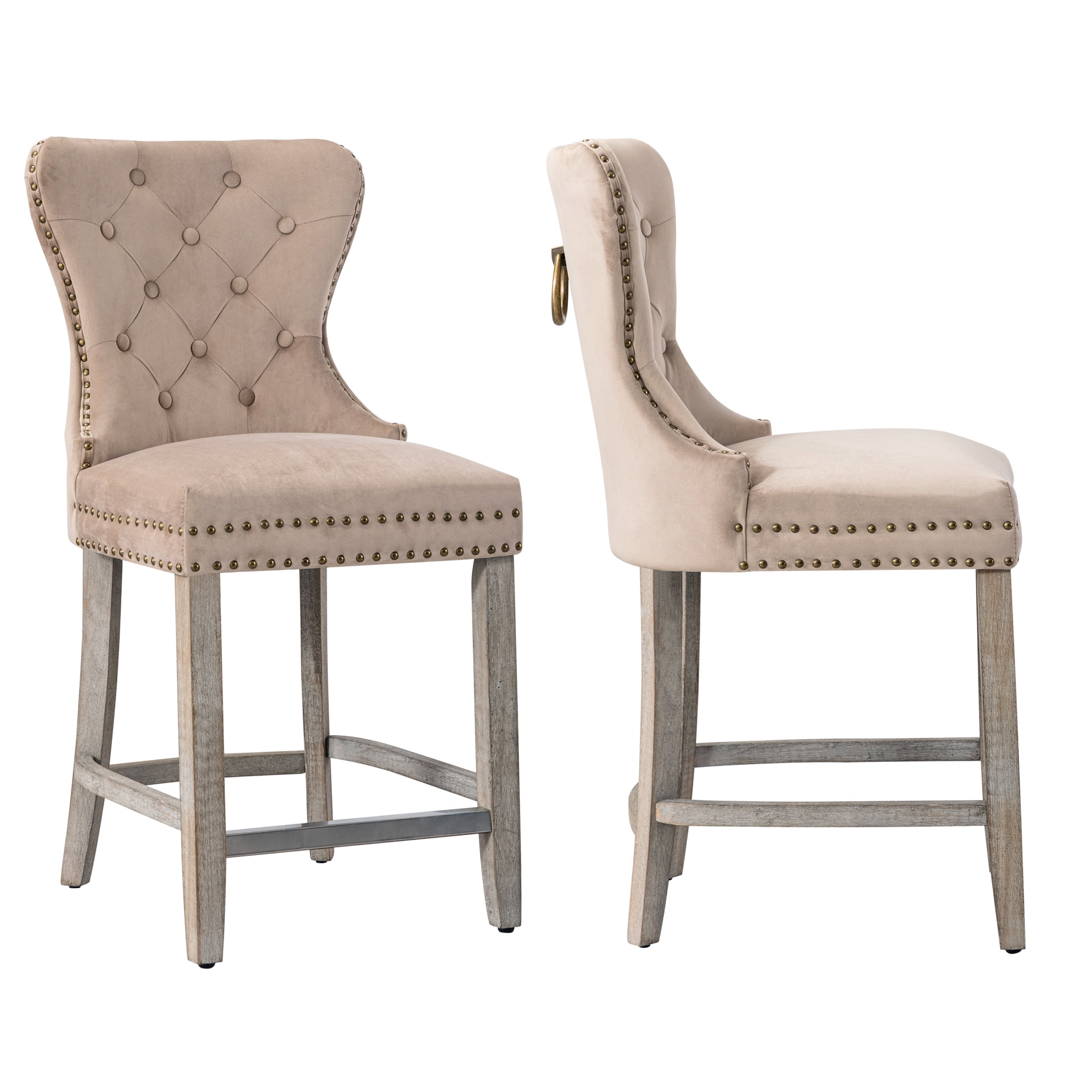 Westin Outdoor 24" Tufted Velvet Bar Stool (Set of 2), Antique Gray/Velvet Taupe