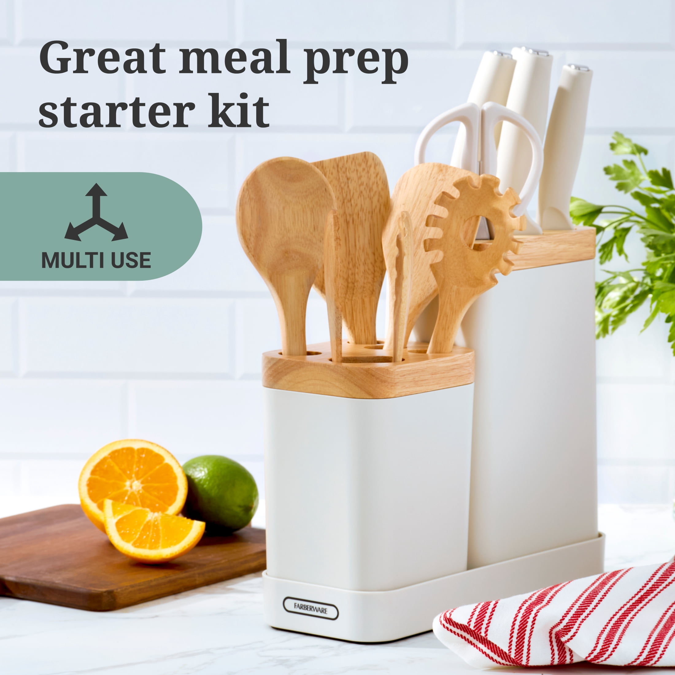 Farberware Professional Wood Kitchen Utensil and Knife Set with Counter Storage Gray, 13-Piece