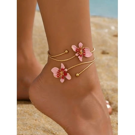 Pink Enamel Floral Open Cuff Ankle Bracelet, Bohemian Style Adjustable Anklet For Daily Wear