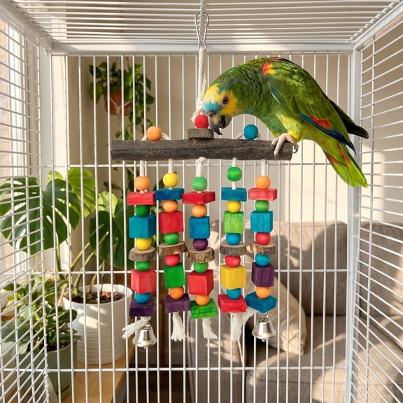Natural Wood Bird Perch Stand with Beak and Claw Grinding Stick and Chew Block String for Parrots Cockatiels Budgies Parakeets and Parrotlets