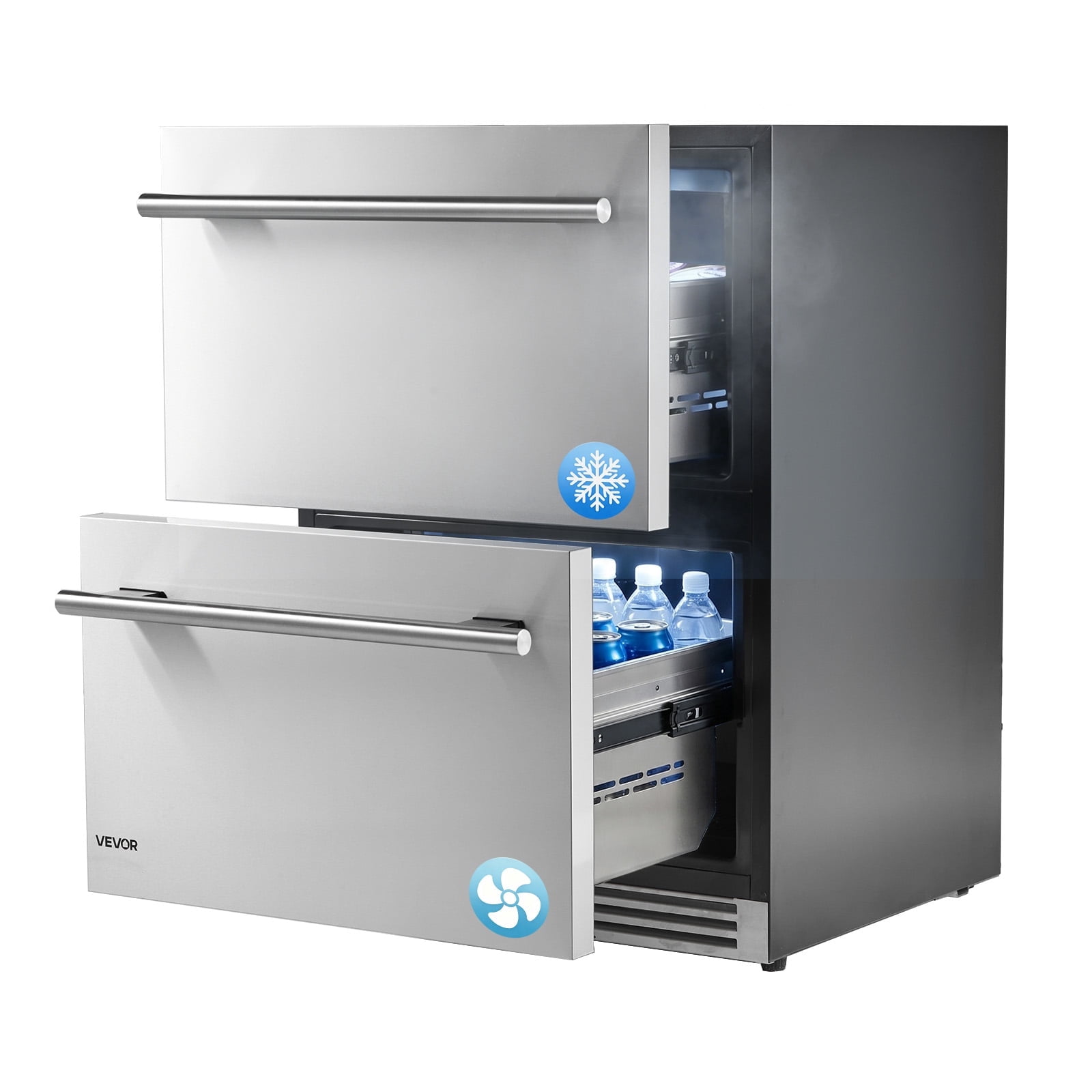 VEVOR Drawer Refrigerator with Freezer, 24 in Undercounter Fridge Freezer Combo, Beverage Cooler with 304 Stainless Steel Drawers, Freezing Section for Frozen Food, for Kitchen,Home Bar and Game Room