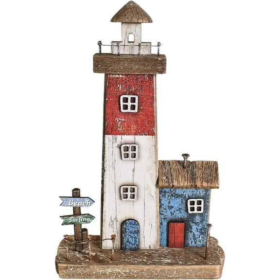 Wood Lighthouse Decor Hand Painted Decorative Beach Lighthouse Rustic Ocean Sea Tabletop Lighthouse Ornaments Nautical Themed Rooms Wooden Lighthouse Home Decor (10.16"H)