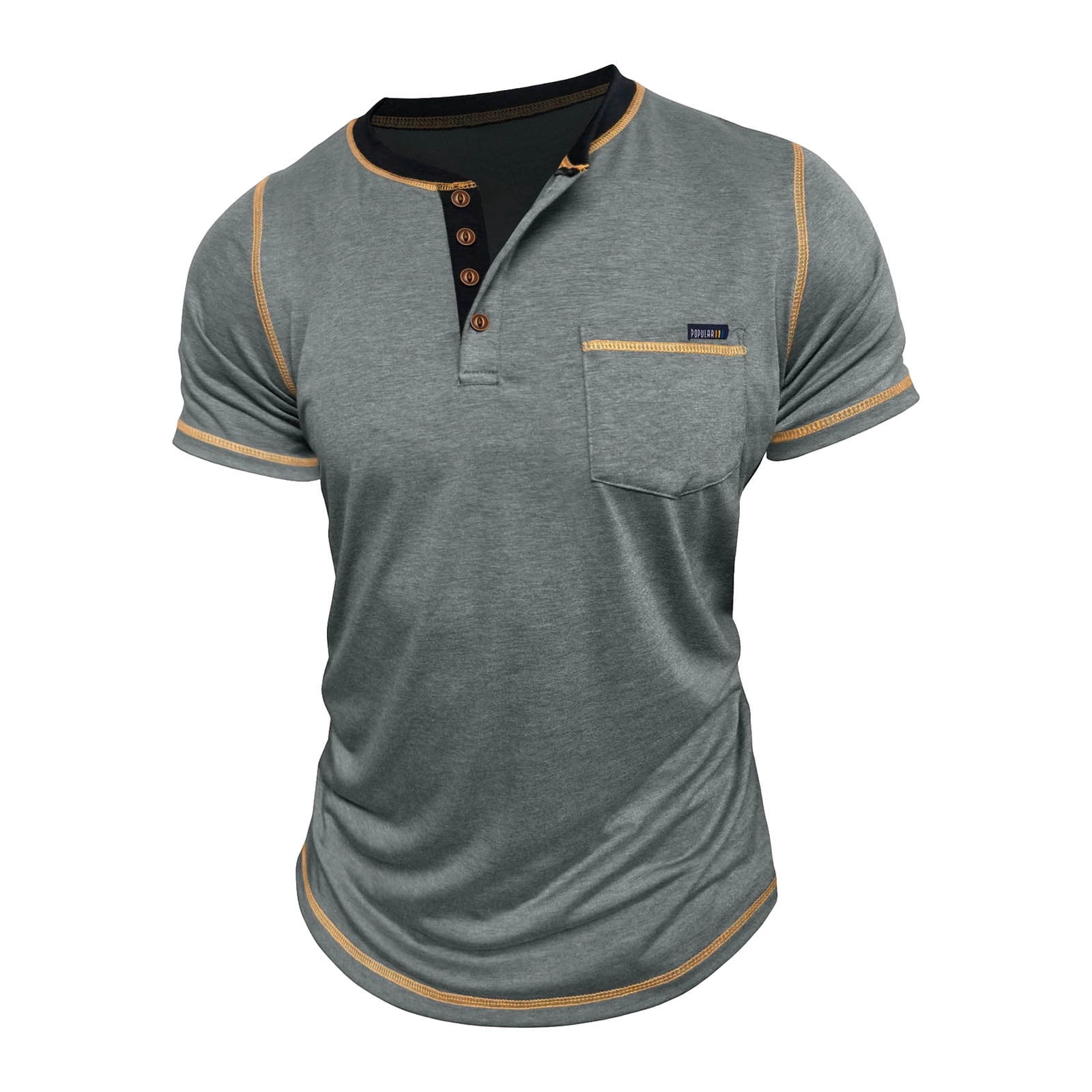 Dolkfu Shirts Men Henley Cotton T Shirt Short Sleeve Gray Pocket Button Men's T-Shirts L