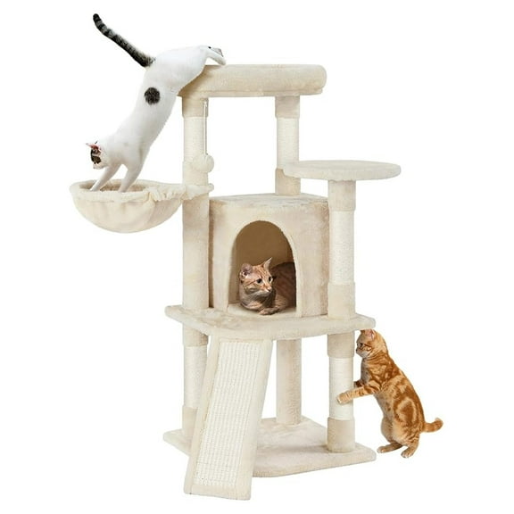 HHBEAUTY Cat Tree, 42in Play Tower for Indoor Cats, Kitten House with Large Perch & Scratching Posts & Cozy Condo & Scratching Ramp, Cat Furniture Activity Center, Beige