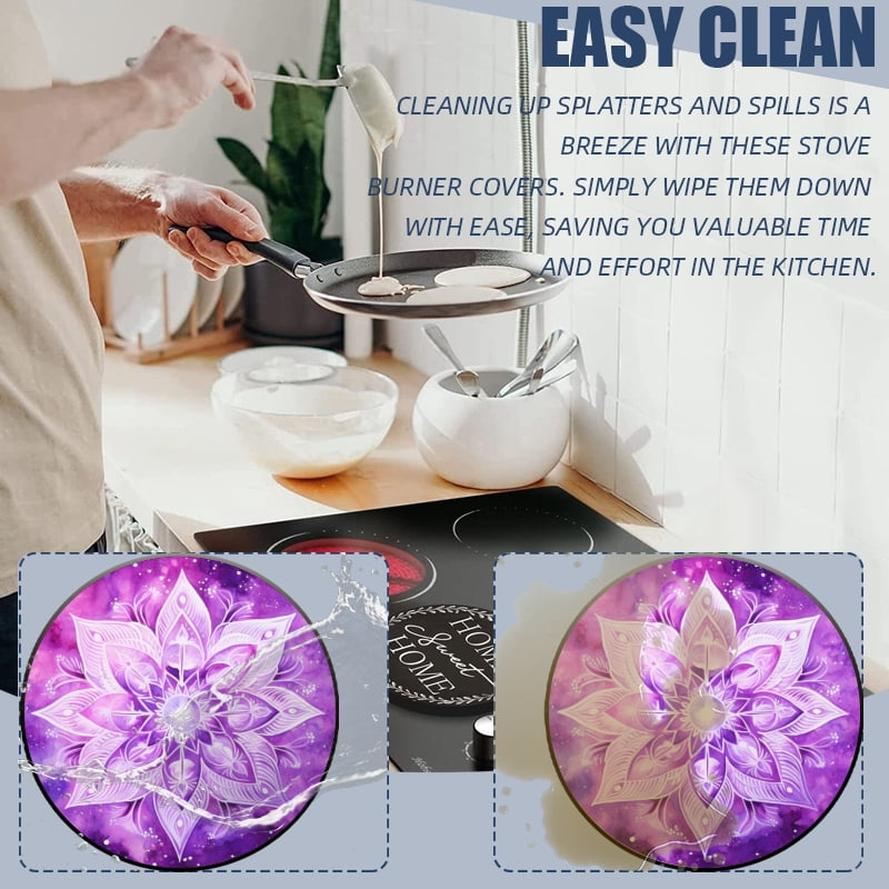 Set of 4 Round Electric Range Burner Covers, Purple Mystery Mandala Lotus Flower Gas Stove Burner Covers for Kitchen Decoration , Two Small 8 Inches and Two Large 10 Inches