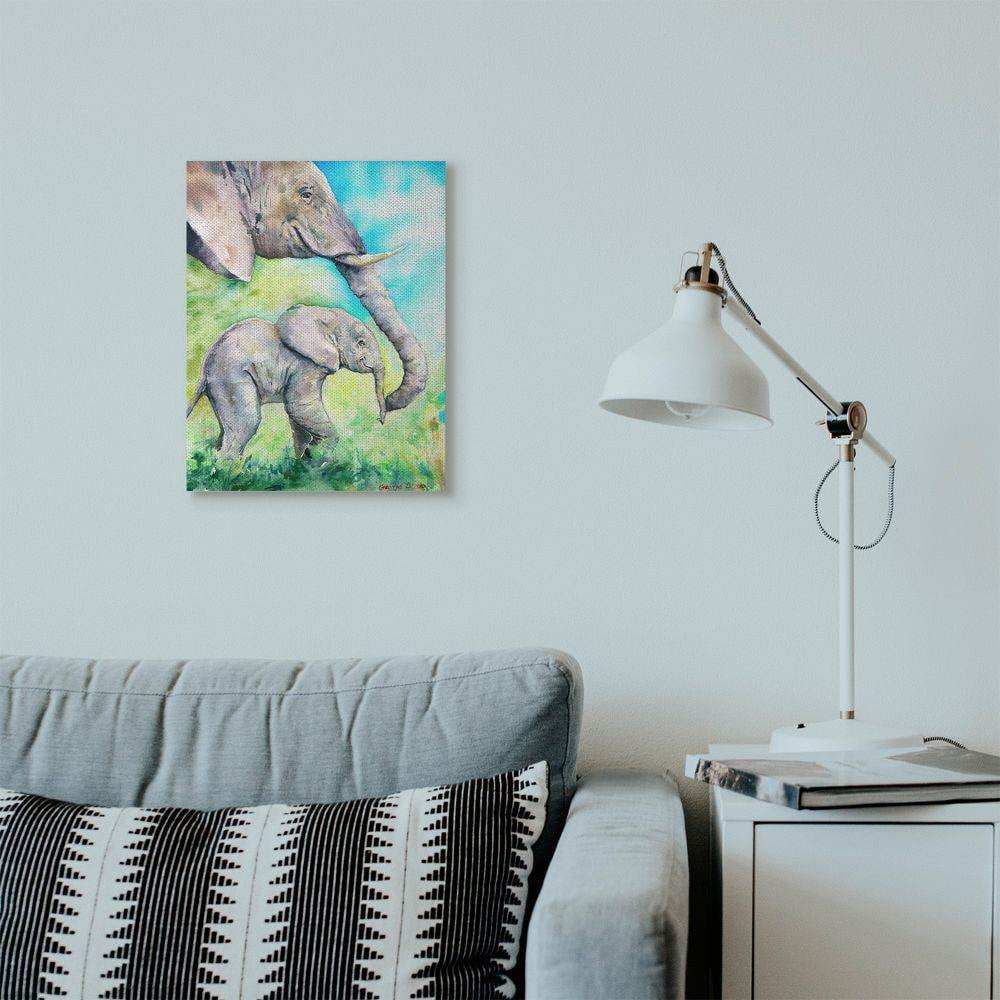 Stupell Industries Cute Baby Elephant Family Animal Blue Watercolor Painting Super Canvas Wall Art by George Dyachenko