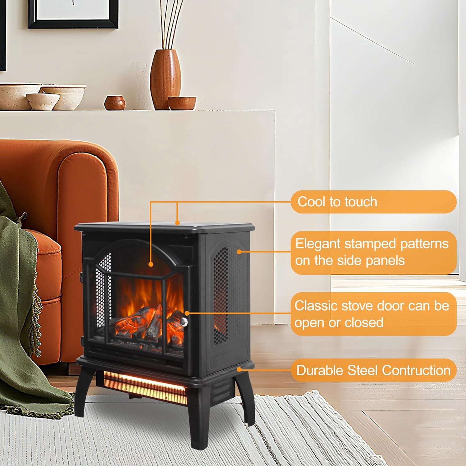 Innoflame 18" Electric Fireplace Virtual Stove, Infrared Quartz Heater w/3D Flame, Remote, Timer, Adjustable Temperature/Brightness, 1500W, Black