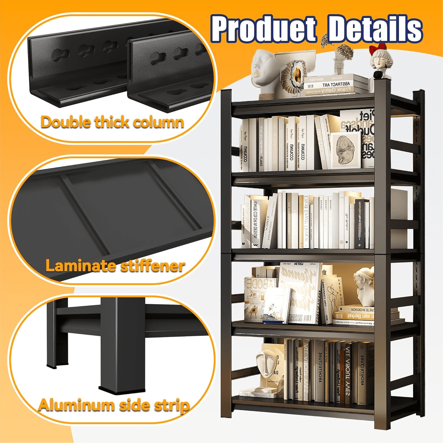 5-Tier Metal Bookshelf, 3000LBS Industrial Bookshelves, 72"H x 36"W Display Bookcase, Adjustable Bolt-Free Storage Shelves for Living Room, Bedroom, Garage, Kitchen, Black