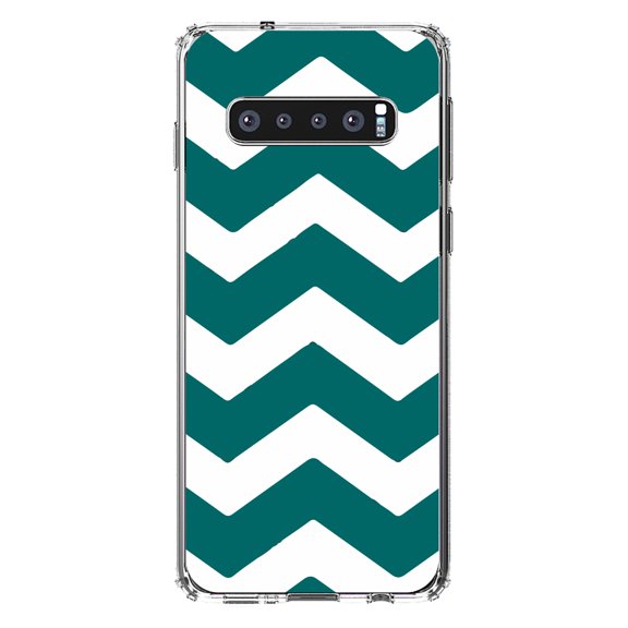 DistinctInk Clear Shockproof Hybrid Case for Samsung Galaxy S10  PLUS(6.4" Screen) - TPU Bumper, Acrylic Back, Tempered Glass Screen Protector - Teal White Stripes - Stripes Pattern