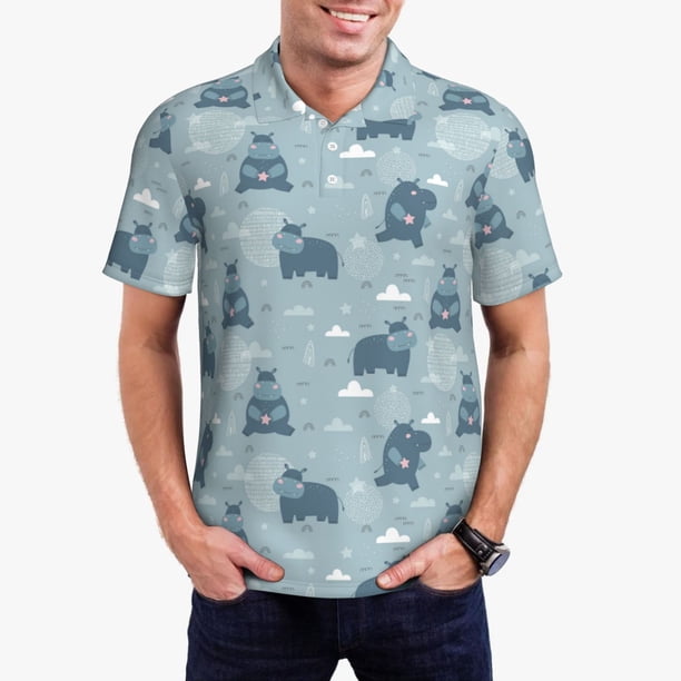 Fotbe Cute Hippopotamus Camiseta Polo de Golf para Hombre con Estampado – Camisa Deportiva Transpirable con Cuello Abotonado-Large