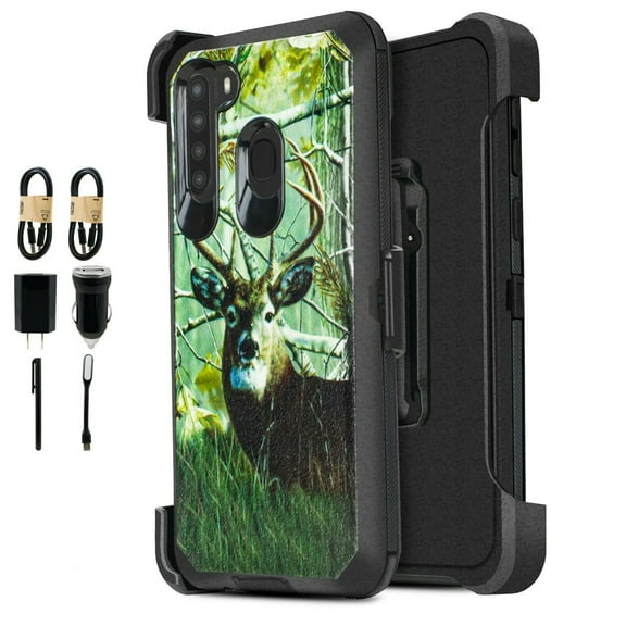 Value Pack ! for Samsung Galaxy A21 Phone Case 360° Cover Built In Screen Protector Clip Kickstand Holster Hybrid Shock Bumper (Deer)