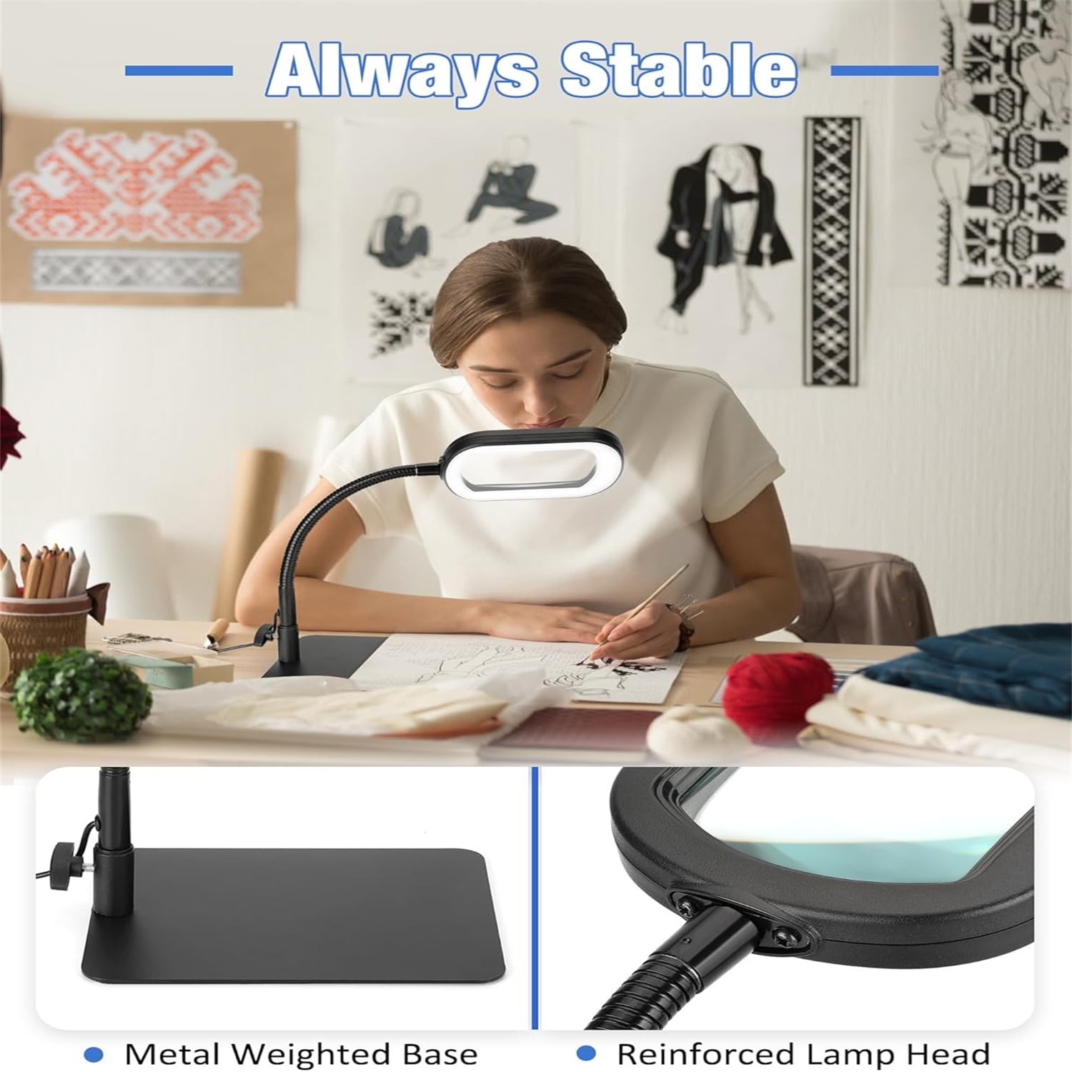 VISONHEART LED Magnifying Desk Lamp with Stand, Rectangular Real Glass Lens, 5 Color Modes Stepless Dimmable, Hands Free LED Task Lamp for Reading, Repair, Close Work & Craft Hobby