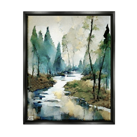 Stupell Industries Watercolor Creek Landscape Landscape Painting Black Floater Framed Canvas Art Print Wall Art, 17 x 21