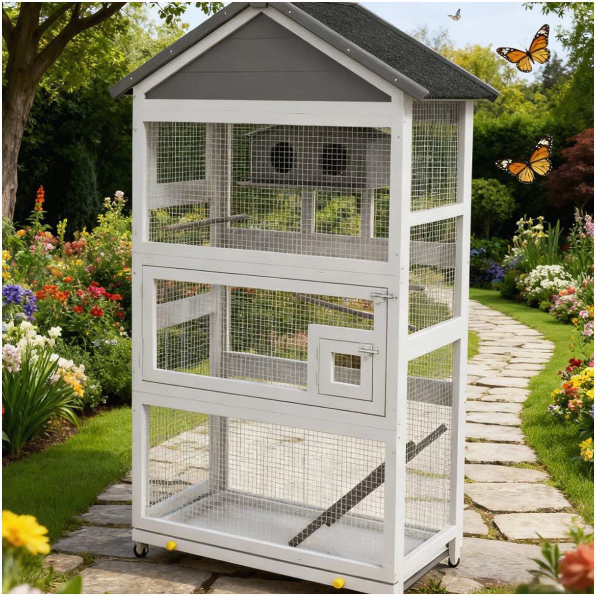 Wooden Bird Cage with Slide-Out Tray for Finches Parakeets, Outdoor Aviary with Perches Ladder and Nest House, Steel Frame, Black and Grey