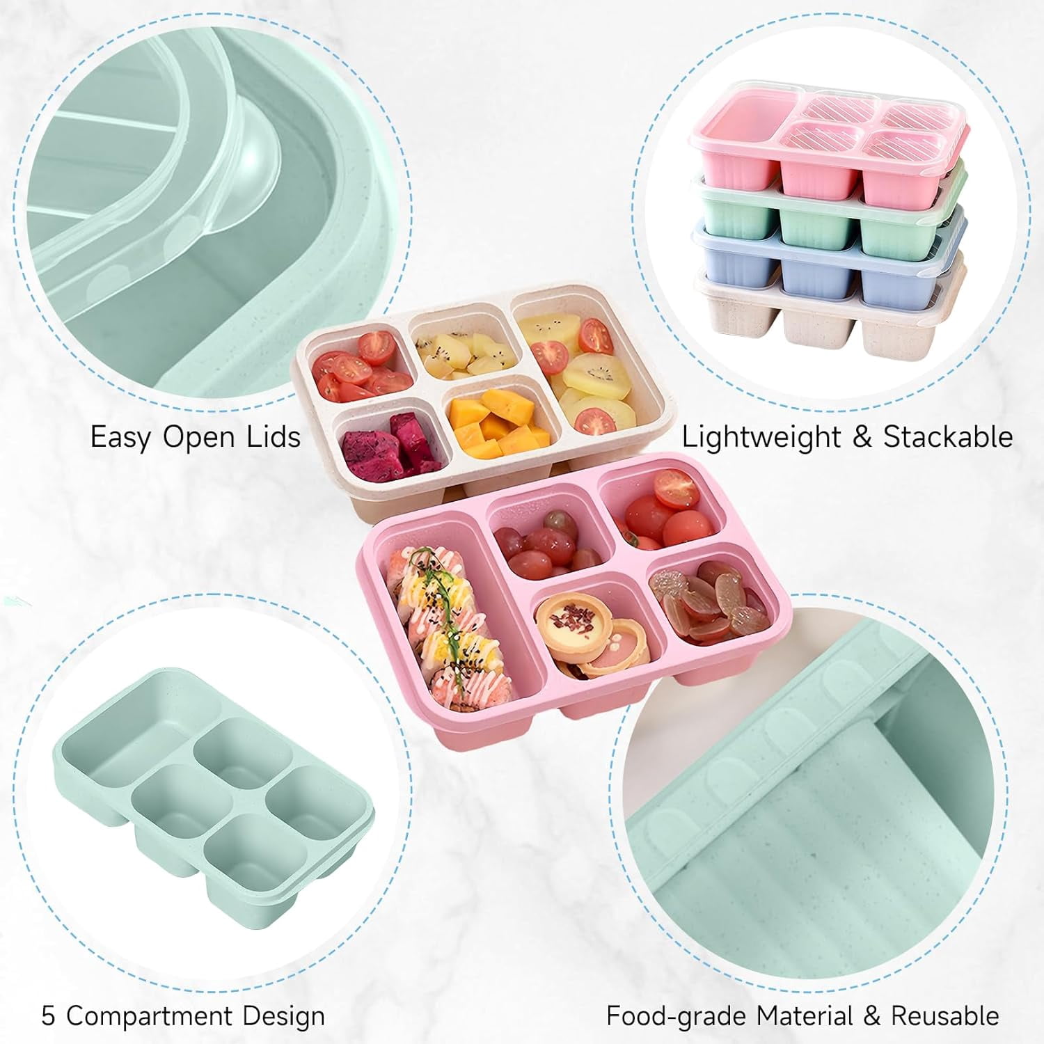 PandaTop Bento Snack Boxes - Reusable 5-Compartment Food Containers for Kids/Toddle/Adults,Divided Snack Containers for School, Work and Travel, Set of 4 Plastic Food Storage Containers