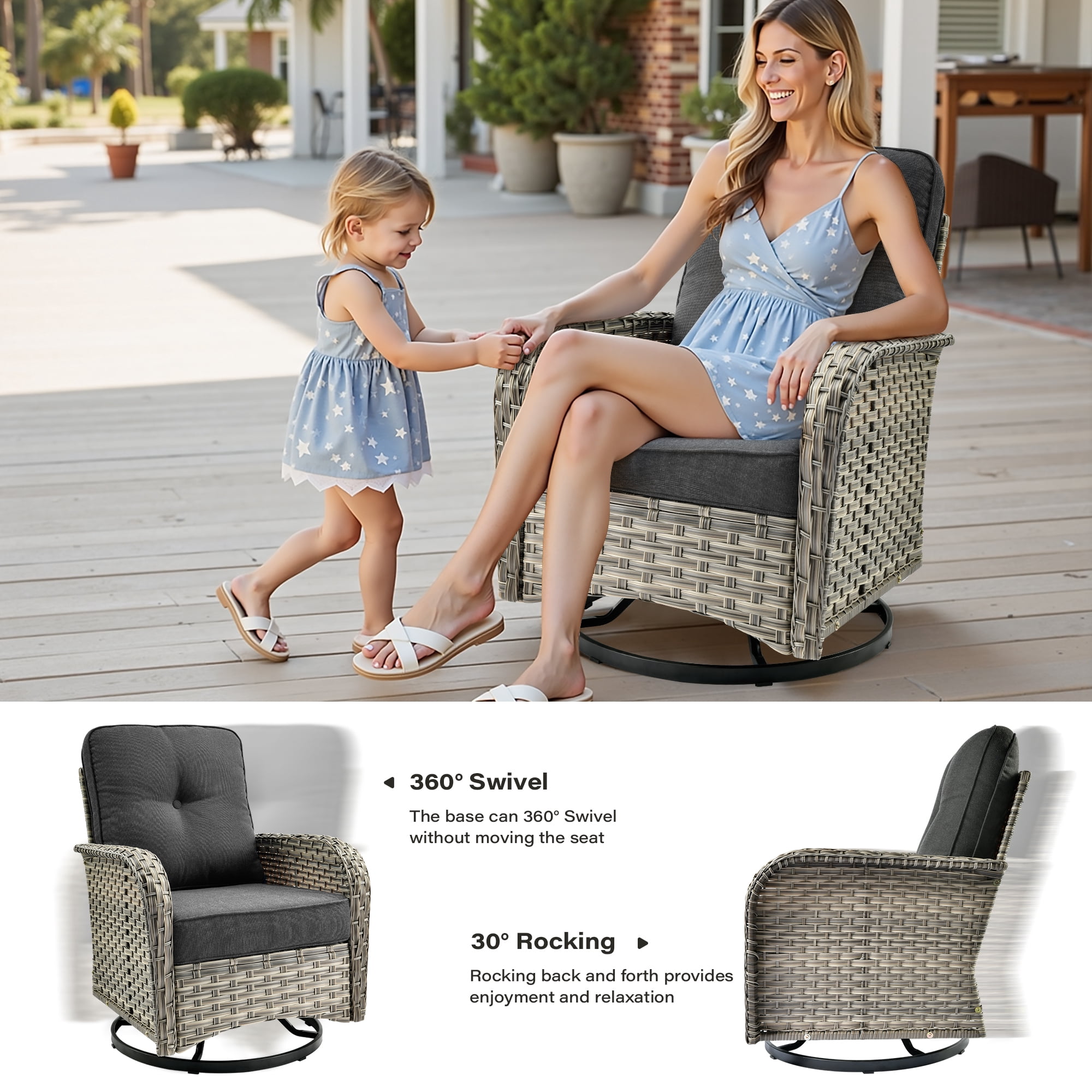 Toject 9 Pieces Patio Furniture Set All Weather Wicker Outdoor Conversation Set with 42" Fire Pit Outside Furniture Patio Sofa with Swivel Chairs & Solar Table, Black