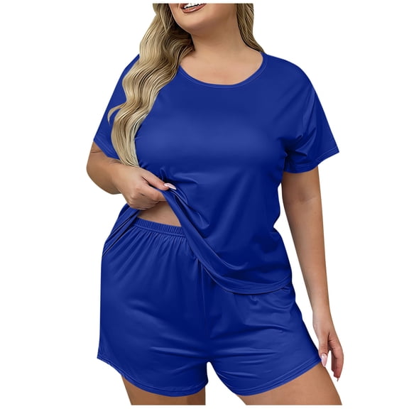 Fengactive Plus Size Womens Silky Satin Pajama Set Crew Neck Short Sleeve Top and Elastic Waist Shorts Relaxed Lounge Sleepwear