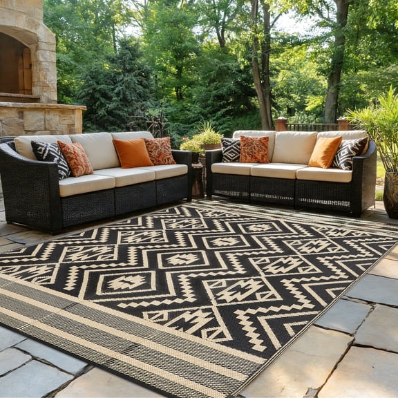 Kzaei Waterproof Outdoor Rug, 4'x6' Reversible Plastic Camping Area Rugs, Black & Beige