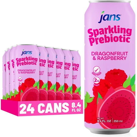 Jans Sparkling Prebiotic Soda Beverage 8.4 oz Cans – Low Calorie No Added Sugar – Non-GMO Sparkling Fruit Beverage – Gut Health Support – Naturally Refreshing (24-Pack Dragonfruit & Raspberry) Jans Sparkling Prebiotic Soda Beverage 8.4 oz Cans – Low Calorie No Added Sugar – Non-GMO Sparkling Fruit Beverage – Gut Health Support – Naturally Refreshing (24-Pack Dragonfruit & Raspberry)