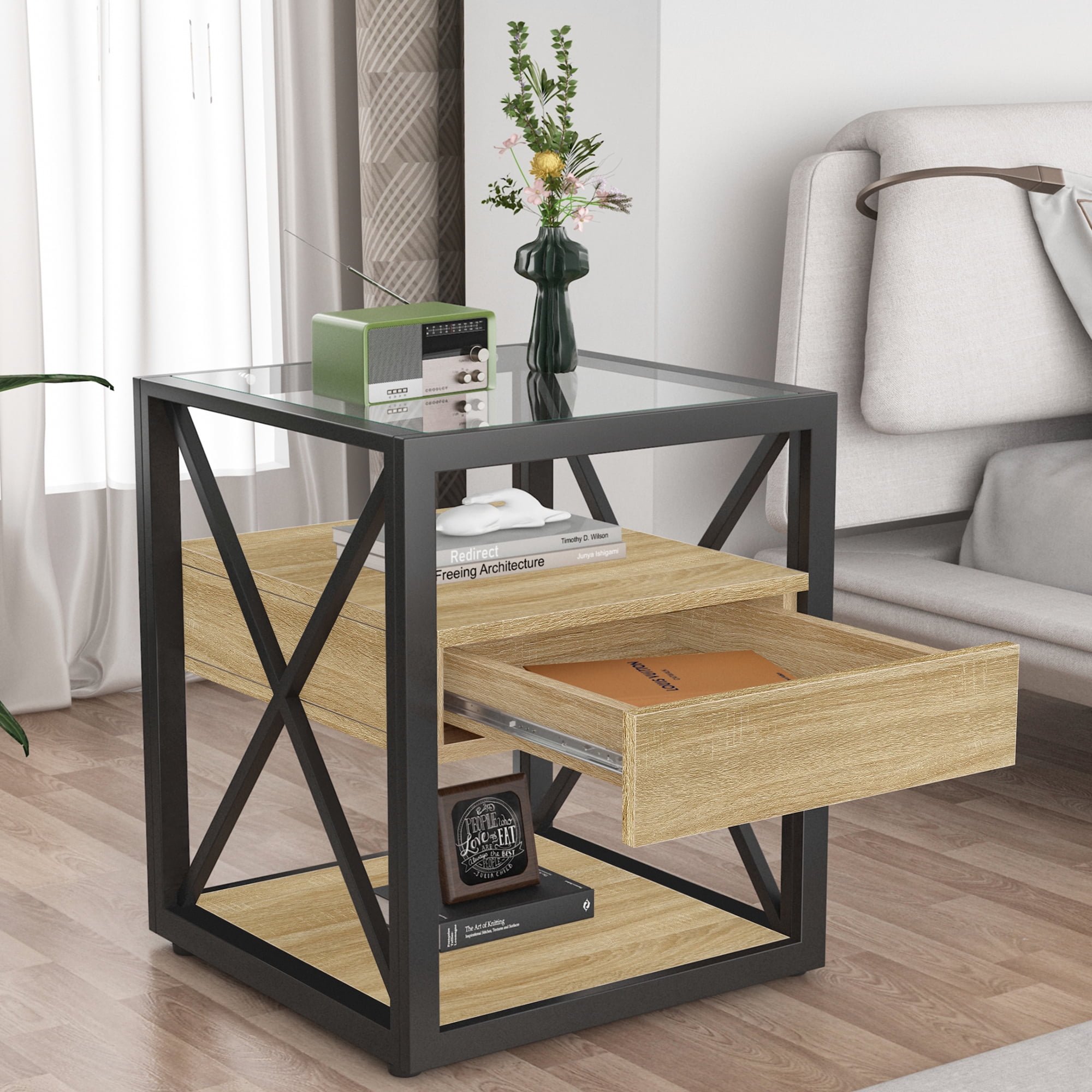 Industrial End Table with Drawer, Modern Side Table or Nightstand with Tempered Glass Top and Sturdy Metal X-Frame, Natural Wood MDF, 3-Tier Storage
