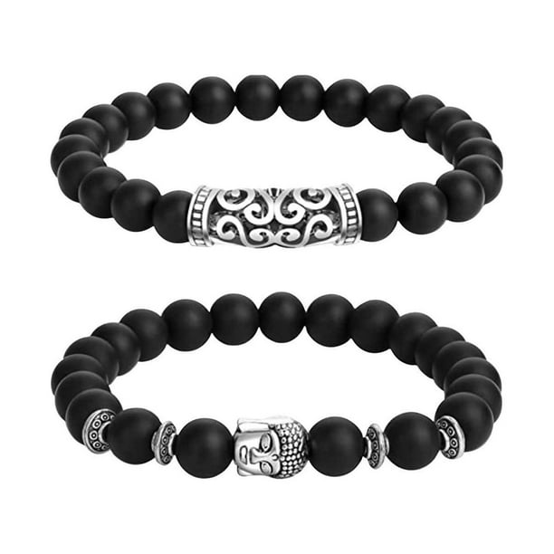 2 unidades/set de pulseras de cuentas de Buda para mujer y hombre, pulseras de piedra de lava negra y ojos de tigre, brazaletes con charm, budismo
