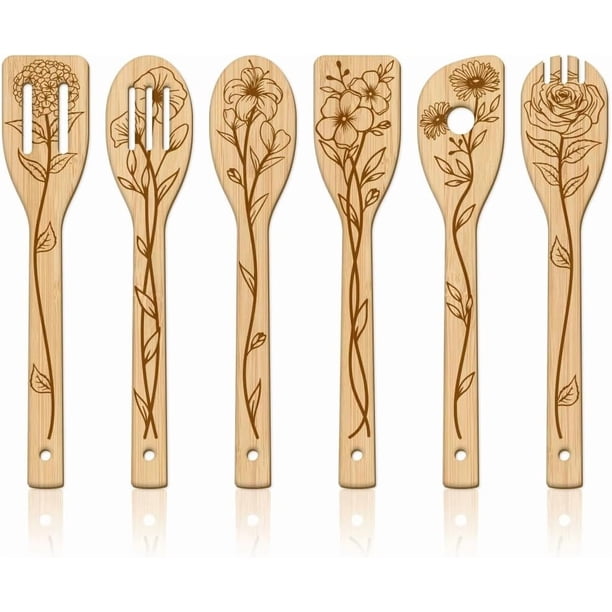 Juego de 6 utensilios de cocina de bambú con diseño floral, cucharas de madera grabadas con flores, espátula de bambú para tallar y cuchara de madera para cocinar.