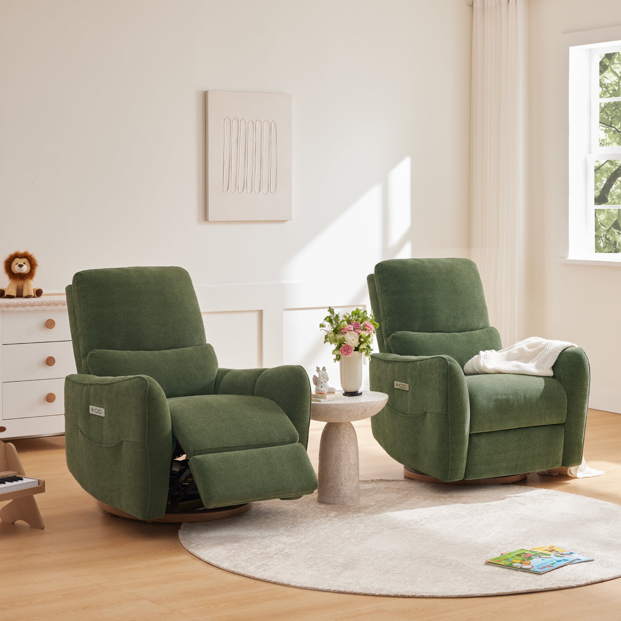 Spruce & Spring Chenille Fabric Swivel Glider Recliner with Lumbar Pillow for Nursery & Living Room, Green