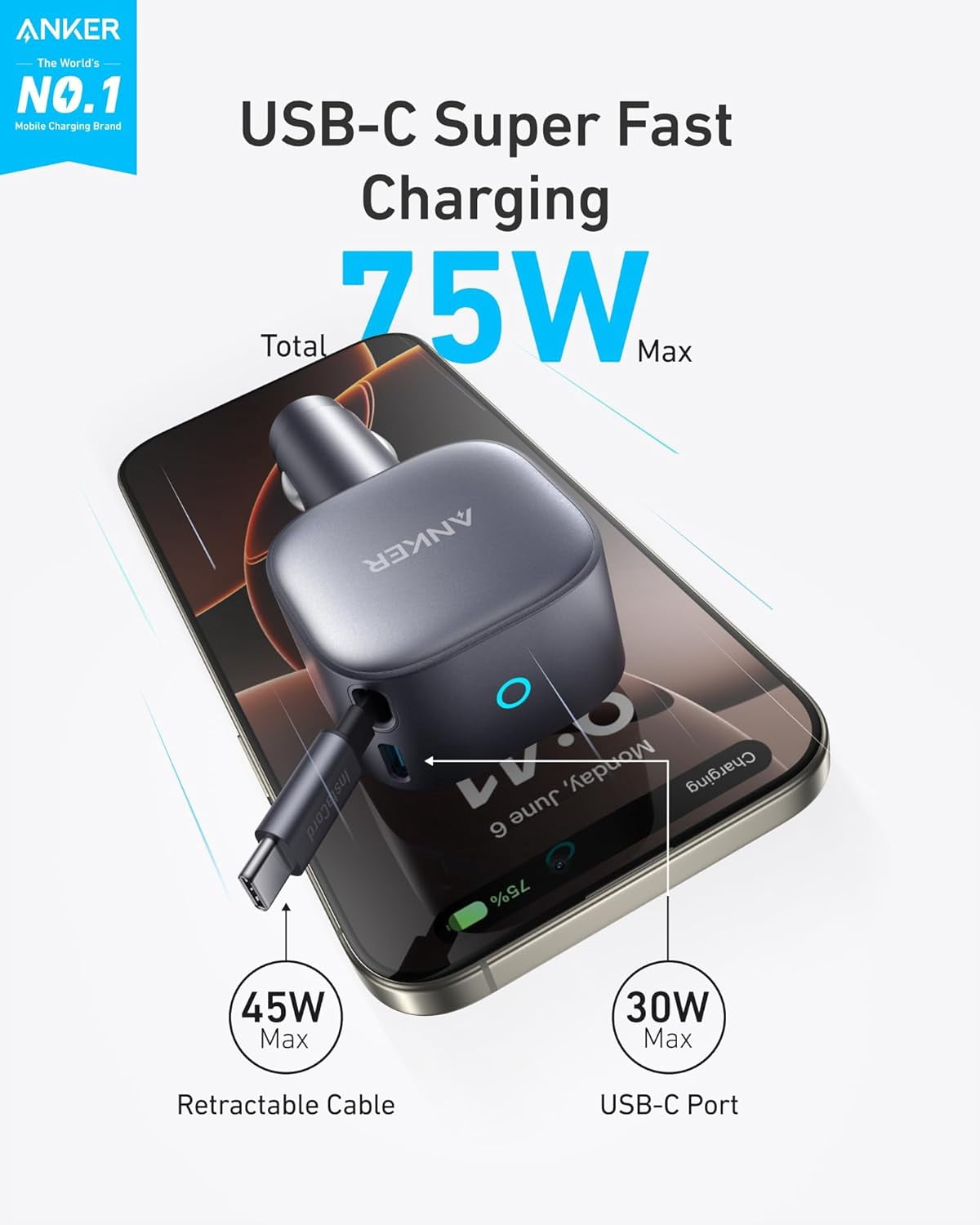 Anker USB-C Car Charger, 75W Max Ultra-Compact Type-C Fast Car