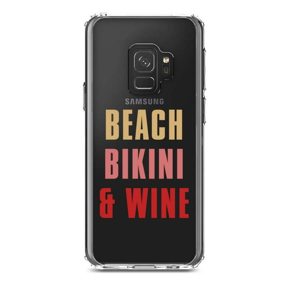 DistinctInk Clear Shockproof Hybrid Case for Samsung Galaxy S9 (5.8" Screen) - TPU Bumper Acrylic Back Tempered Glass Screen Protector - Beach Bikini & Wine