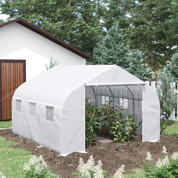 Outsunny 11.5 x 10 x 6.5 ft Walk-In Greenhouse, Outdoor Gardening Canopy Hot House with 8 Roll-up Windows, Zippered Door & Weather Cover, Steel White